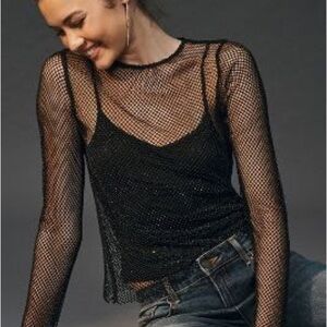 ANTHROPOLOGIE MESH LONG-SLEEVE RHINESTONE TOP
